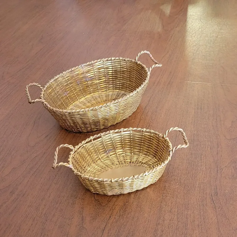 Vintage Brass Set of 2 Oval Brass Weaved Baskets